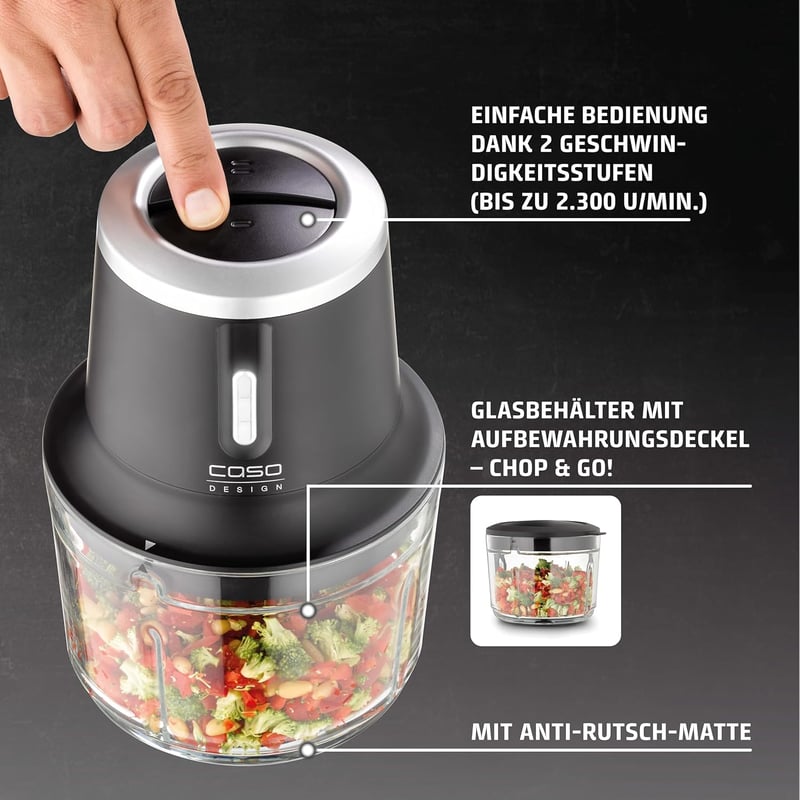 CASO Chop & Go Vezeték Nélküli Elektromos Aprító, 1L Üveg Tartály, 2300 RPM, USB-C Töltés