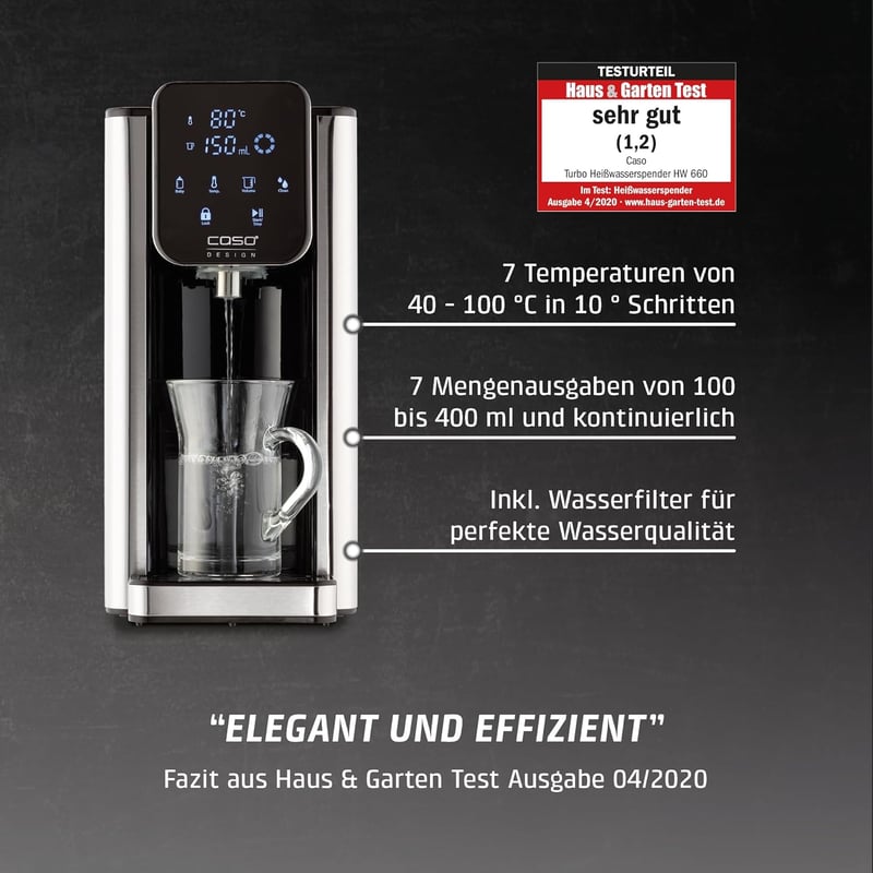 CASO HW660 Turbo Forró Vízadagoló 2600W, 40-100°C, Energiatakarékos Rozsdamentes Acél