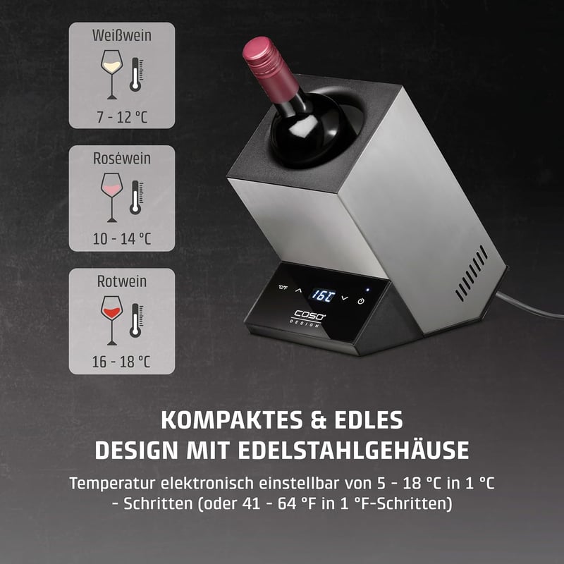 CASO WineCase One Inox rozsdamentes borhűtő 1 palackhoz 5-18°C hőmérséklet szabályozás