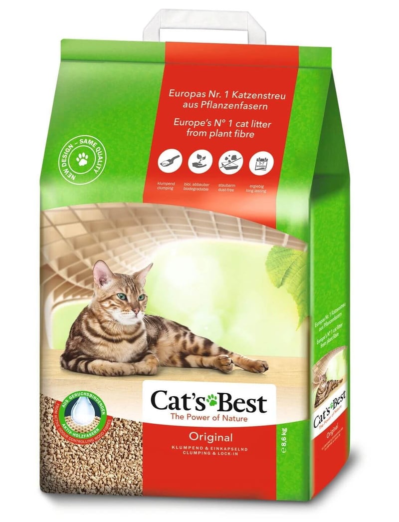 Podstielka pre mačky Cat's Best Öko Plus – 20 l / 8,6 kg, prírodná hrudkujúca podstielka na báze dreva pre mačky