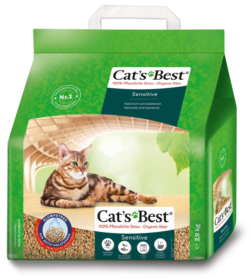 Cat's Best Sensitive biljni pijesak za mačke od aktivnih drvenih vlakana, snažno se grudva i antibakterijski je, za osjetljive mačke, 2,9 kg / 8 l