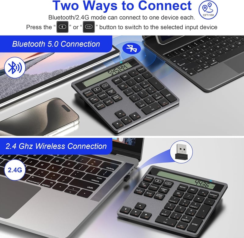 CATECK Bluetooth és 2.4G Numerikus Billentyűzet - 34 Gombos Számpad Beépített Számológéppel - Vezeték Nélküli Vékony Numpad MacBook, Windows