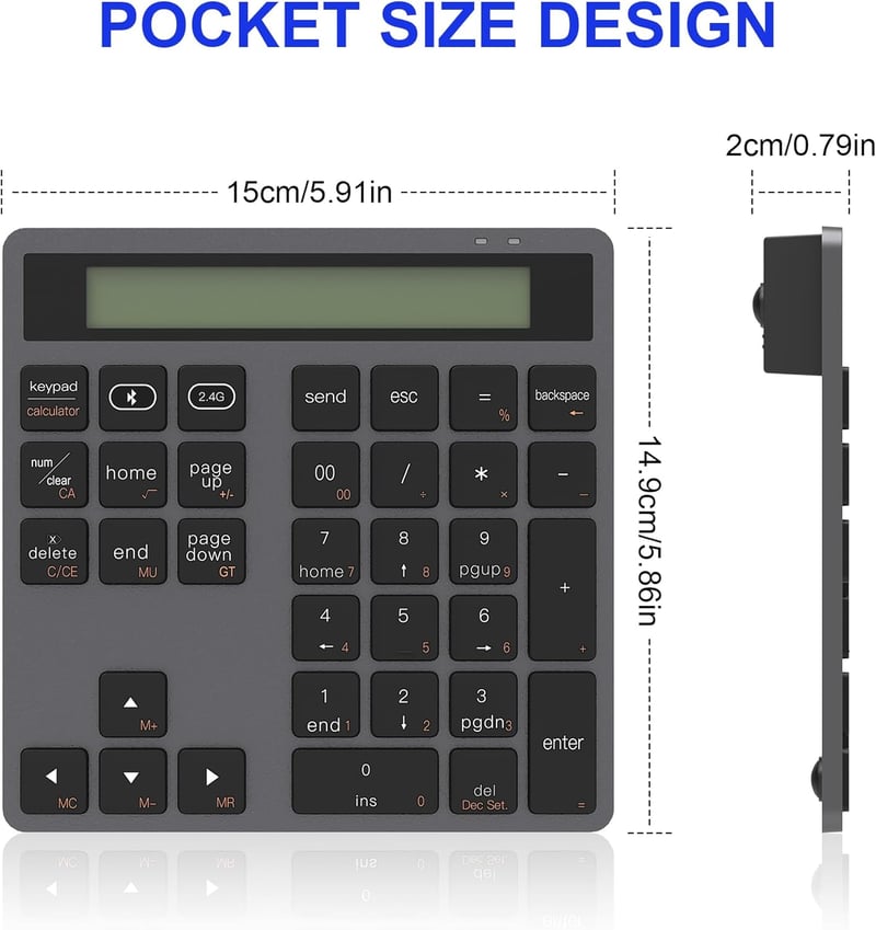 CATECK Bluetooth és 2.4G Numerikus Billentyűzet - 34 Gombos Számpad Beépített Számológéppel - Vezeték Nélküli Vékony Numpad MacBook, Windows