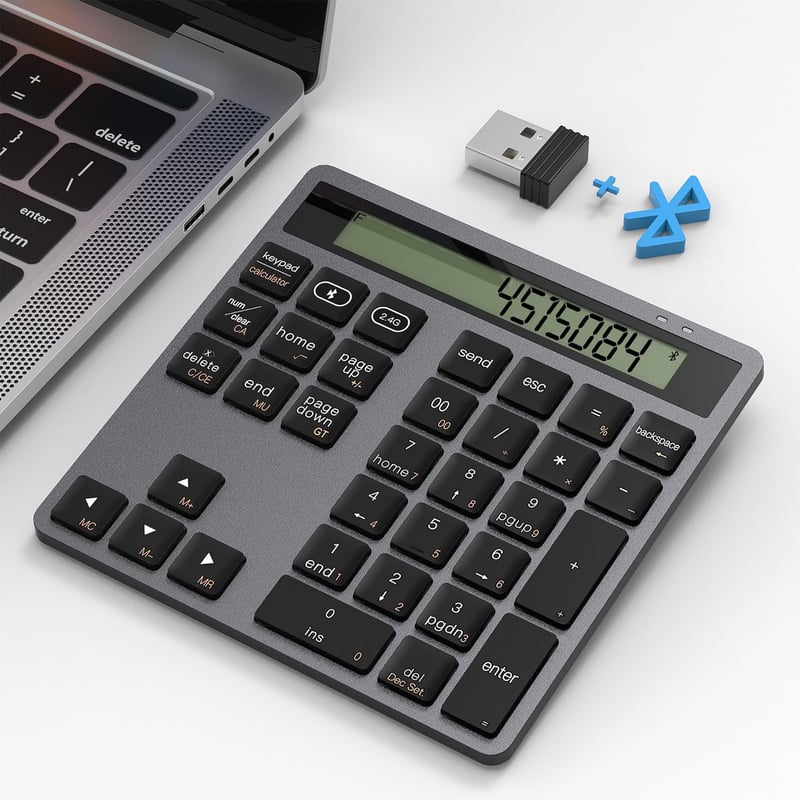 CATECK Bluetooth és 2.4G Numerikus Billentyűzet - 34 Gombos Számpad Beépített Számológéppel - Vezeték Nélküli Vékony Numpad MacBook, Windows