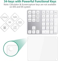 CATECK Bluetooth Numerikus Billentyűzet - 34 Gombos Vezeték Nélküli Számpad, Újratölthető, MacBook, Windows, iPad Kompatibilis, Fehér 3
