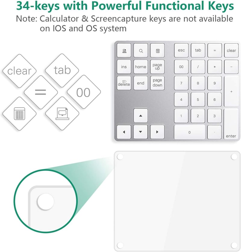 CATECK Bluetooth Numerikus Billentyűzet - 34 Gombos Vezeték Nélküli Számpad, Újratölthető, MacBook, Windows, iPad Kompatibilis, Fehér