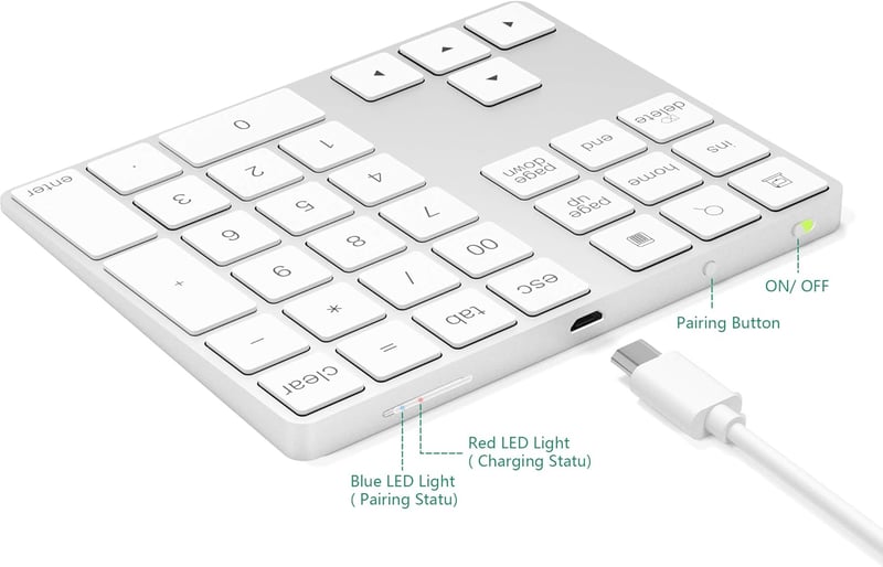 CATECK Bluetooth Numerikus Billentyűzet - 34 Gombos Vezeték Nélküli Számpad, Újratölthető, MacBook, Windows, iPad Kompatibilis, Fehér