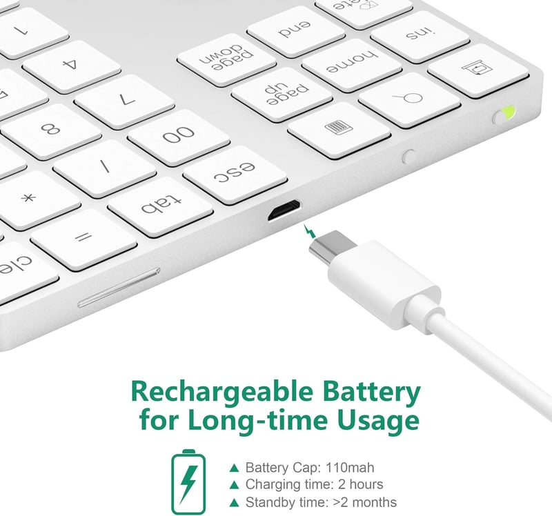 CATECK Bluetooth Numerikus Billentyűzet - 34 Gombos Vezeték Nélküli Számpad, Újratölthető, MacBook, Windows, iPad Kompatibilis, Fehér