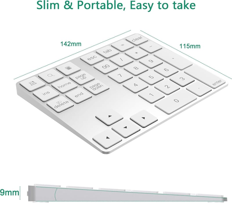 CATECK Bluetooth Numerikus Billentyűzet - 34 Gombos Vezeték Nélküli Számpad, Újratölthető, MacBook, Windows, iPad Kompatibilis, Fehér