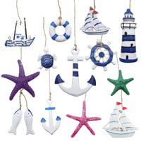 Set 13 decorațiuni suspendate marine CATELL - ancoră, stea de mare, colac de salvare, pește, far, cârmă - plasă de pescuit mini pentru perete 1