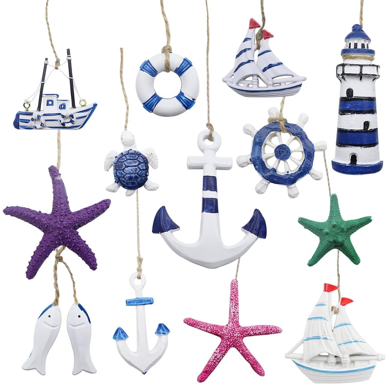 Set 13 decorațiuni suspendate marine CATELL - ancoră, stea de mare, colac de salvare, pește, far, cârmă - plasă de pescuit mini pentru perete