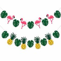 Set 2 Bannere Catelves Hawaii, Decorațiuni Petrecere Aloha, Ghirlandă cu Flamingo, Ananas și Frunze pentru Petreceri Tematice de Vară, Plajă și Hawaii 1