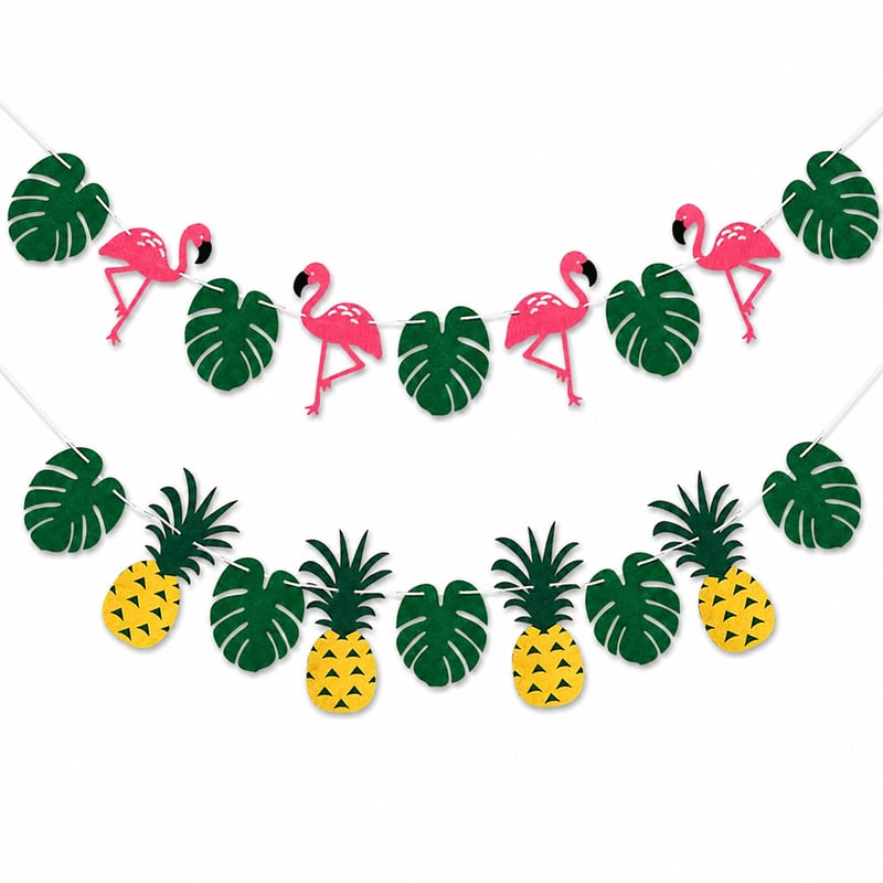 Set 2 Bannere Catelves Hawaii, Decorațiuni Petrecere Aloha, Ghirlandă cu Flamingo, Ananas și Frunze pentru Petreceri Tematice de Vară, Plajă și Hawaii
