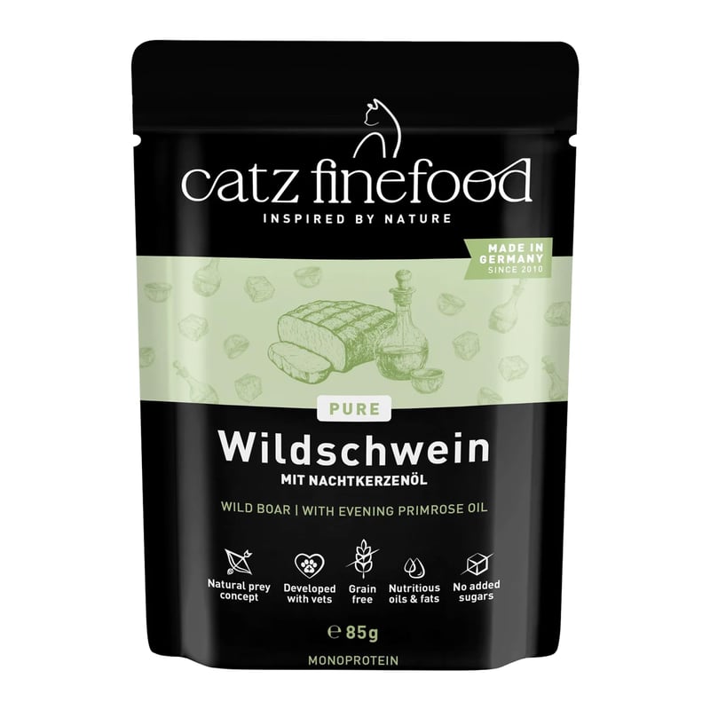 Hrană umedă pentru pisici catz finefood Purrrr Mistreț, monoproteică, N° 109, pentru pisici sensibile, cu 70% conținut de carne, 16 x 85 g