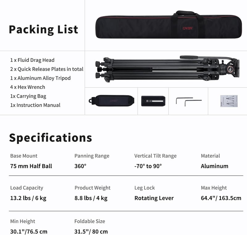 Cayer BV30 alumínium videó tripod 360° folyadék fejjel, DSLR kamerához