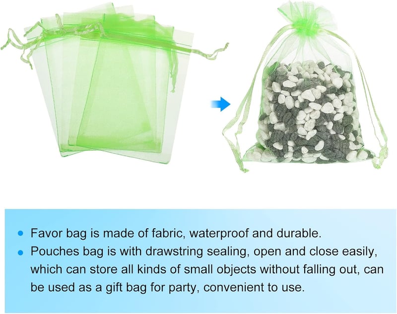 Organza ajándéktasak, 50db, 11x16cm, világoszöld, esküvőre, partira