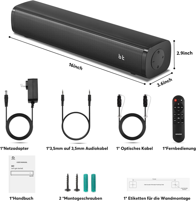 Wohome 16" 2.1 Bluetooth Soundbar TV Hangszóró - 3 EQ Mód, 6 Fokozatú Beszédjavítás, Többféle Csatlakozás TV/PC/Projektor/Telefon Eszközökhö