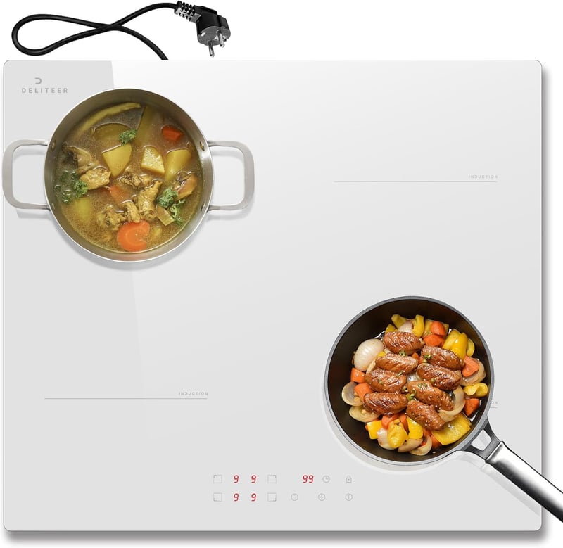 DELITEER Indukciós Főzőlap 4 Zónával, 59 cm Beépíthető, Fehér Kerámiaüveg, 3500W, 9 Teljesítményszint, Gyerekzár, Érintőgombos Vezérlés, 230