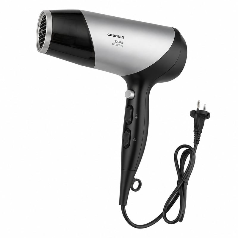 Grundig HD 6080 B ionsko sušilo za kosu 2200W, 3 razine temperature, 2 brzine puhanja, crno/srebrno – bez dodatnih nastavaka (stanje: vidi 2. sliku)