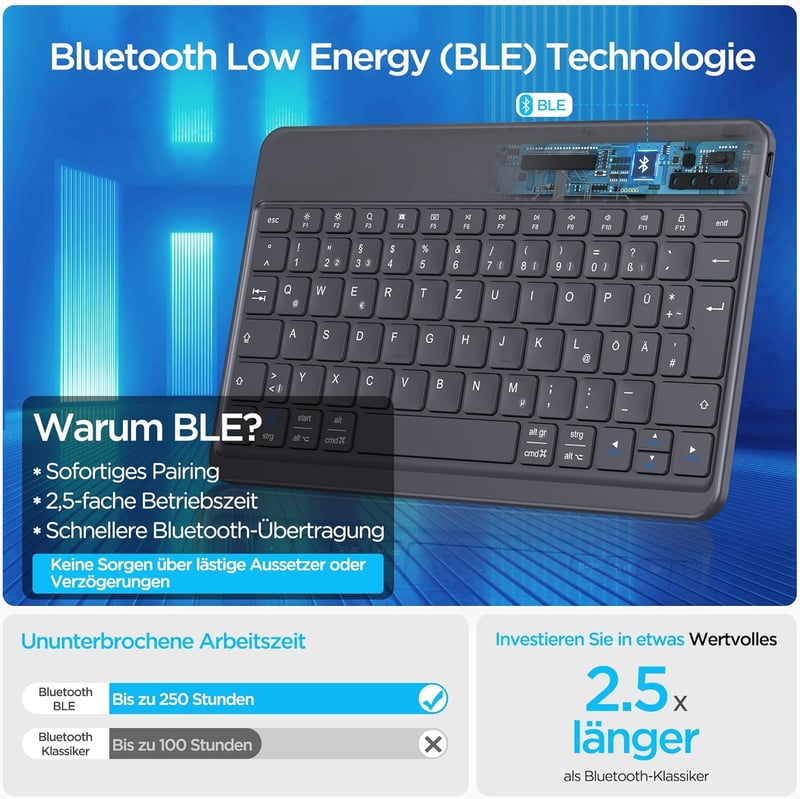 Emetok Német QWERTZ Bluetooth Billentyűzet iPad/iPhone/Android Készülékekhez, Nagyobb Billentyűkkel, Újratölthető, Ultravékony, Fekete