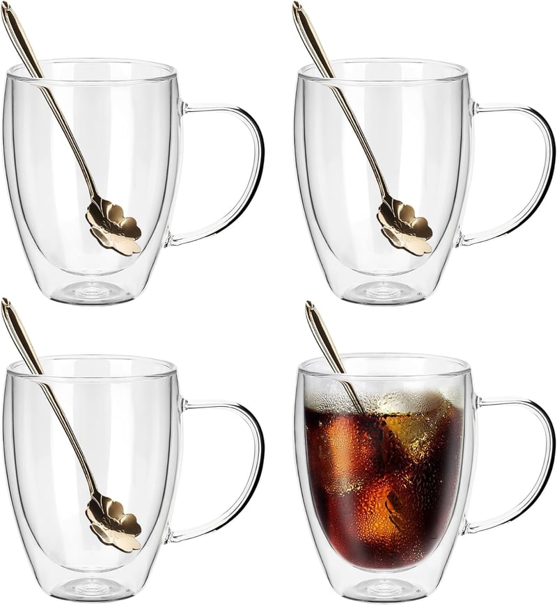 JNSMFC Dupla falú üveg kávéspohár szett 4 db, 350 ml, hőszigetelt, kanállal