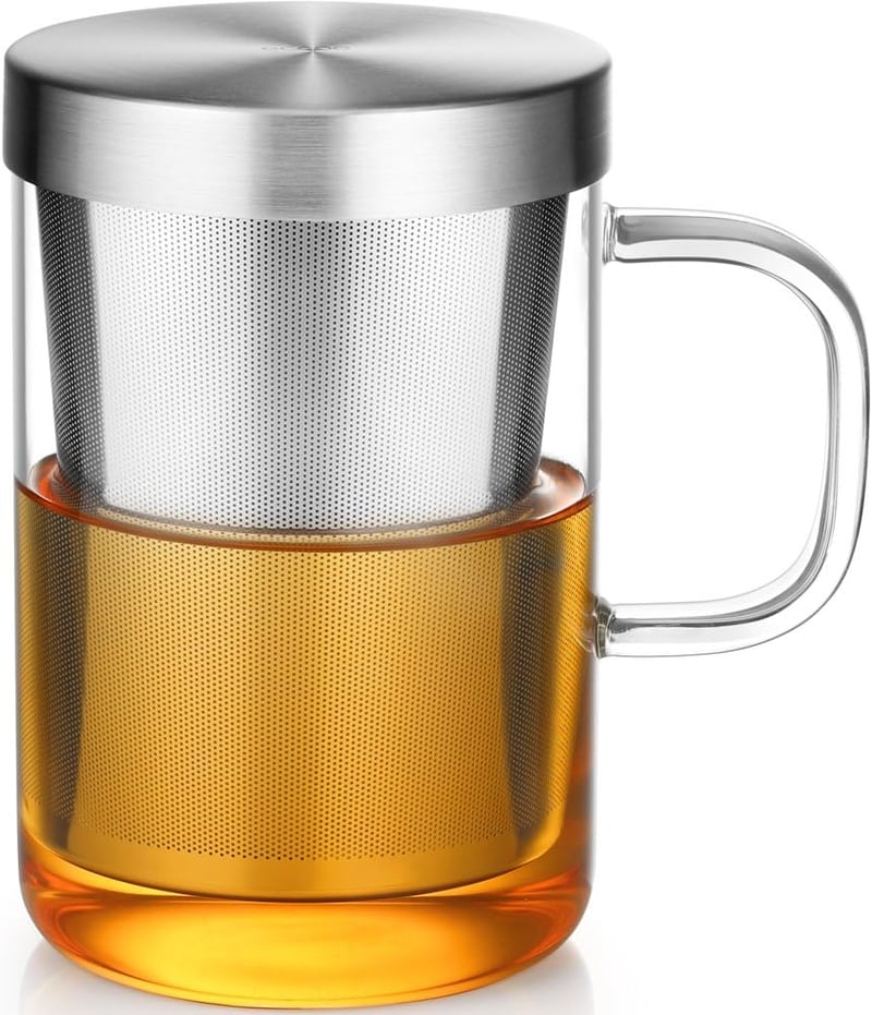ecooe Nagy Űrtartalmú Ezüst Teáscsésze Szűrővel és Fedéllel, 500ml
