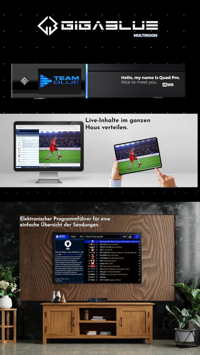 GigaBlue UHD Quad 4K Pro PVR vevőkészülék HBB TV-vel, Bluetooth 5.4, 2x FBC DVB-S2 tunerrel, Gigabit LAN, 2TB HDD-vel