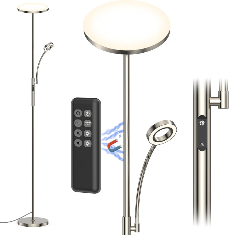 Amdelne LED Állólámpa Távirányítóval - 2in1 Dimmelhető 30W Mennyezeti Lámpa Flexibilis 5W Olvasólámpával, 4 Színhőmérséklet, Ezüst, Nappali,
