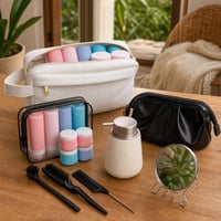 Cestovný kozmetický set: taška + 8x fľaštička + neseeser + sada kief na vlasy + zrkadlo + dávkovač 1
