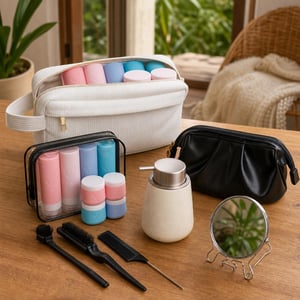 Set complet pentru călătorii: geantă cosmetice + 8 sticluțe TSA + portfard + set perii păr + oglindă