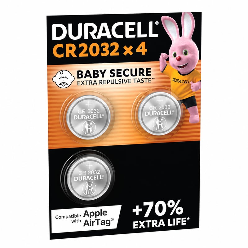 Baterie cu litiu tip monedă Duracell CR2032 3V, ambalaj cu protecție pentru copii (Baby Secure), compatibilă cu Apple AirTag, pentru brelocuri, cântare, dispozitive purtabile — set de 3 bucăți