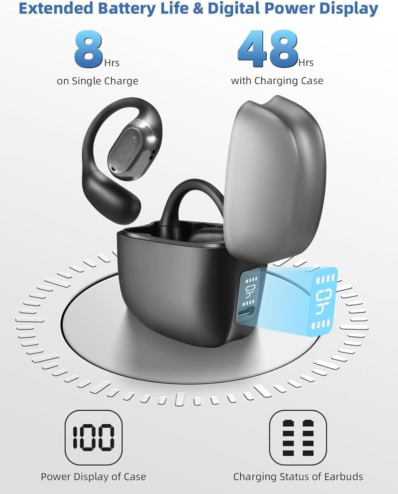 ZRUHIG Nyitott fülű Bluetooth fülhallgató, 48 órás üzemidő, vízálló, sportoláshoz