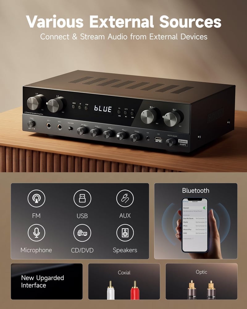 Donner 1000W Sztereó Erősítő - 4 Csatornás Bluetooth 5.0 Házimozi Receiver USB/FM/RCA/Optikai Bemenetekkel, Karaoke Funkcióval, Távirányítóv
