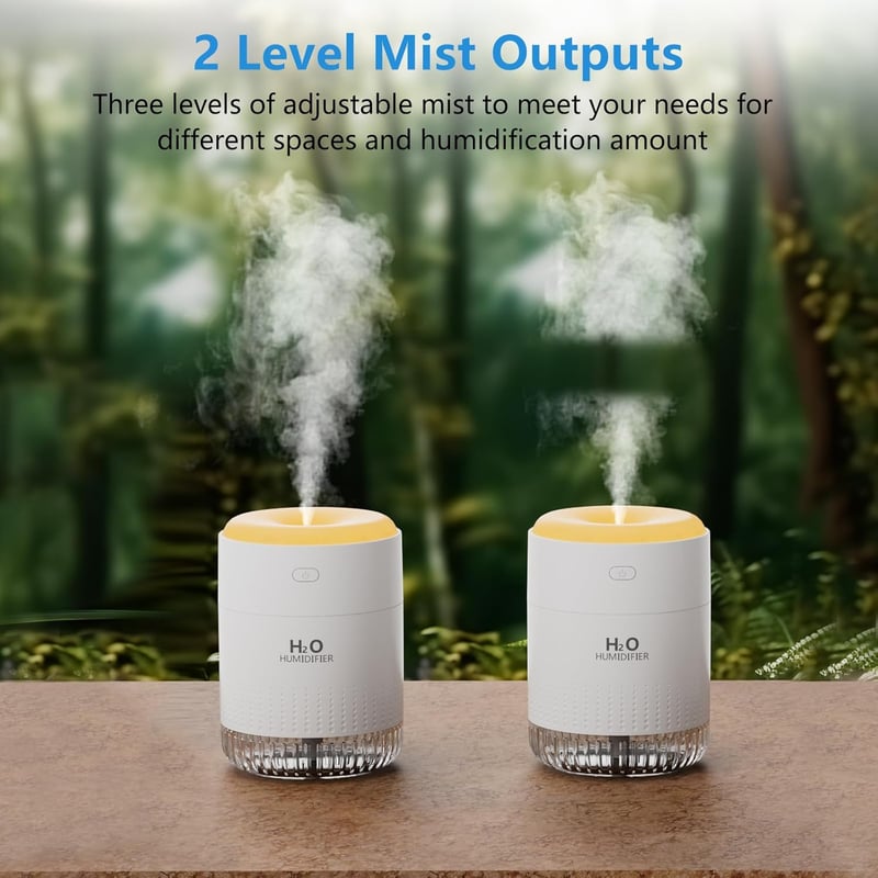 BAMCOO Mini USB Párásító LED Világítással - Állítható, Hordozható Légnedvesítő Éjszakai Fénnyel Hálószobába, Irodába, Gyerekszobába (Fehér)