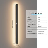 K-Bright 100 cm-es Kültéri LED Fali Lámpa Mozgásérzékelővel - IP65 Vízálló Fekete Modern Világítás Kerthez, Garázshoz, 3000K Meleg Fehér Fén 4