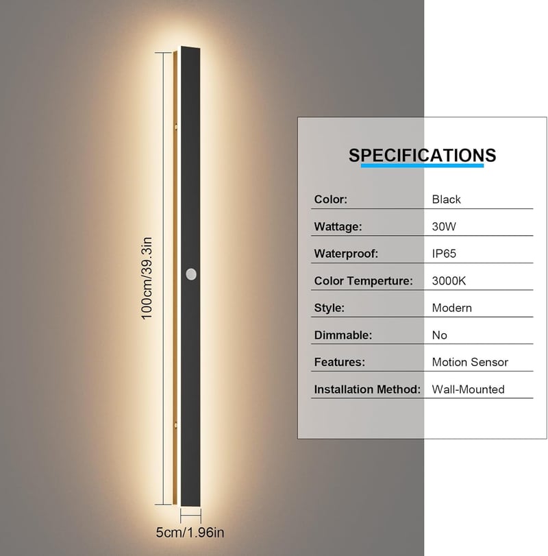 K-Bright 100 cm-es Kültéri LED Fali Lámpa Mozgásérzékelővel - IP65 Vízálló Fekete Modern Világítás Kerthez, Garázshoz, 3000K Meleg Fehér Fén