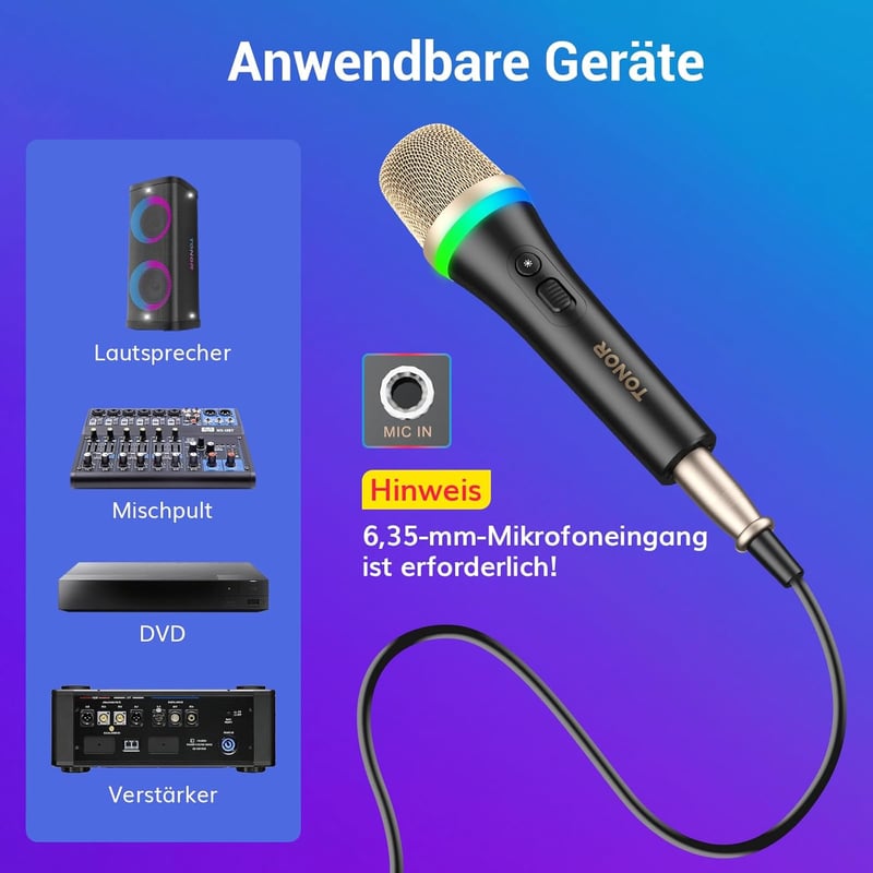 TONOR RGB XLR Karaoke Mikrofon, 5m Kábellel, Fekete Szuperkardioid