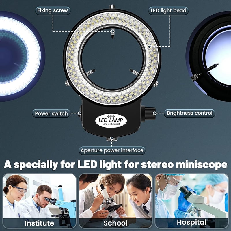 Tiamu LED Gyűrűs Mikroszkóp Világítás 144 LED-del, Állítható Fényerő 0-100%, 6000K Sztereó Mikroszkóp Lámpa Ékszerjavításhoz Fekete