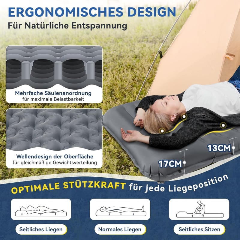 HIKENTURE Önfelfújó Kempingmatrac 13 cm Vastag, Párnával és Lábpumpával - Ultrakönnyű Túramatrac Kempingezéshez, Kiránduláshoz, 300 kg Teher