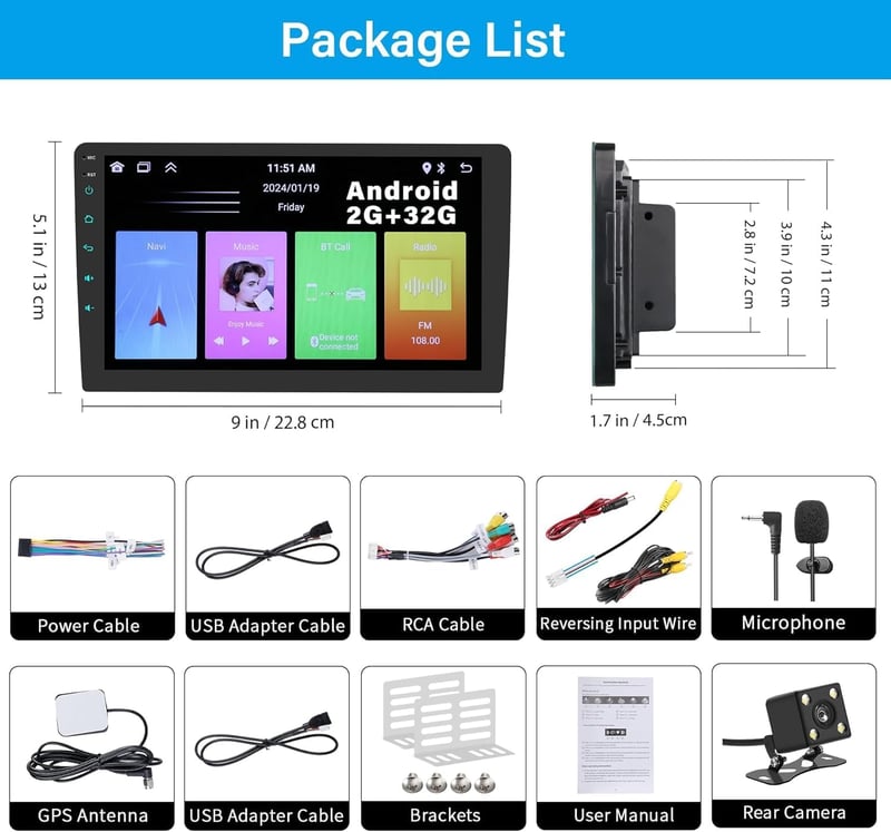 LSLYA 9" 2 DIN Android 13 Autórádió - 2GB/32GB, Vezeték Nélküli Apple CarPlay & Android Auto, Bluetooth, GPS, WiFi, FM, Tolatókamerával