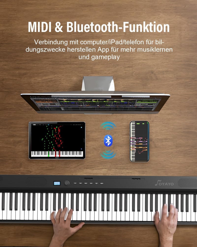 OYAYO Összehajtható Digitális Zongora 88 Billentyűvel - Bluetooth, MIDI, USB Csatlakozás, Félig Súlyozott Billentyűzet, Tartópedállal és Hor