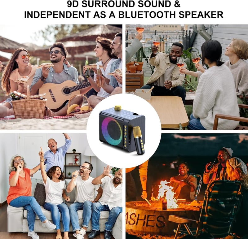 Hordozható Bluetooth Karaoke Rendszer 2 Vezeték Nélküli Mikrofonnal, 7 LED Fénnyel