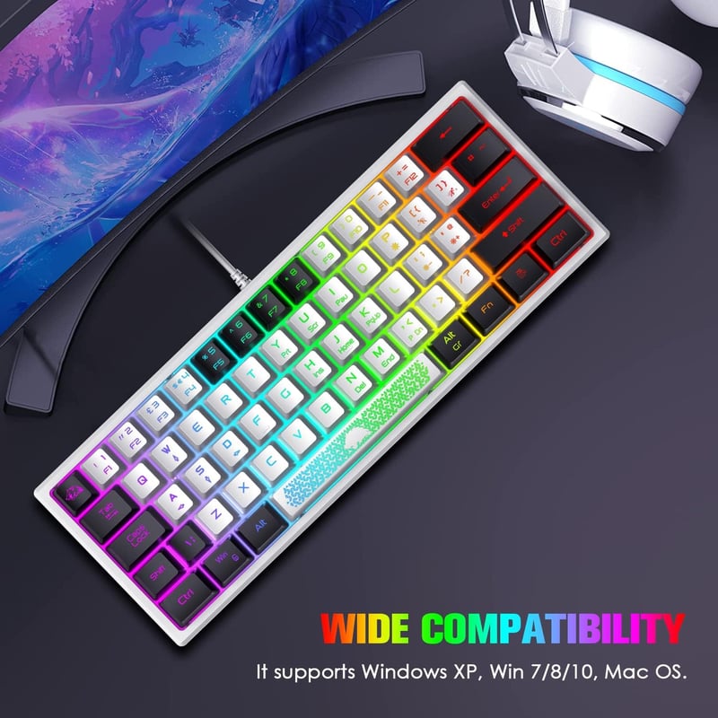 Redragon Mini 60% RGB Gamer Billentyűzet, Fehér-Fekete, 62 Gombos, PC/Mac