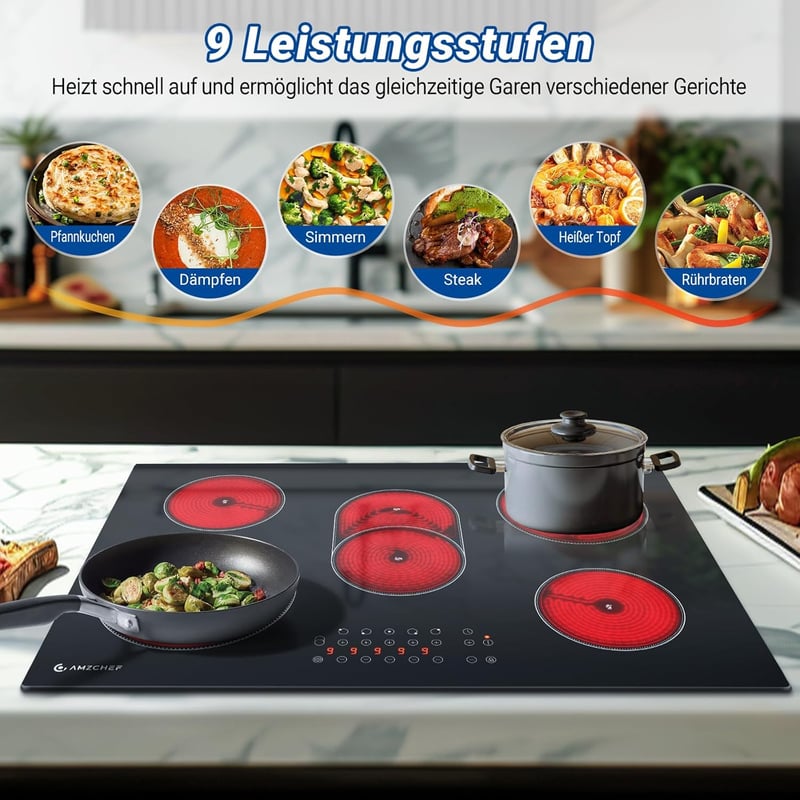 AMZCHEF Beépíthető Üvegkerámia Főzőlap 77 cm - 5 Zónás, Ovális és Tripla Főzőfelülettel, 9 Teljesítményszinttel, Időzítővel, Biztonsági Zárral
