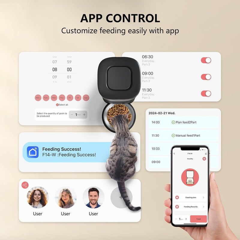PUPPY KITTY Automata Macska Etető WiFi Applikációval, Rozsdamentes Acél Tállal, 10 Étkezés Naponta, Hangrögzítés, Dupla Tápellátás, 3L Kapac - Black
