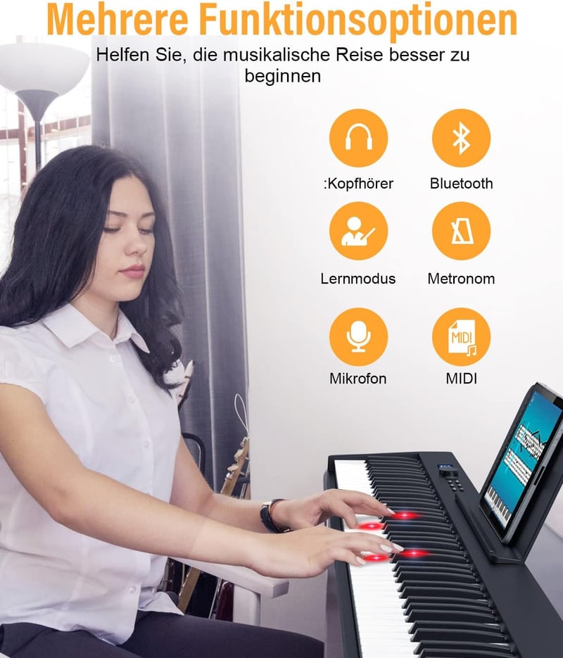 OYAYO 88 Billentyűs Összecsukható Digitális Zongora - Félsúlyozott Billentyűk, Bluetooth, MIDI, 128 Ritmus és Hangszín, Kezdőknek