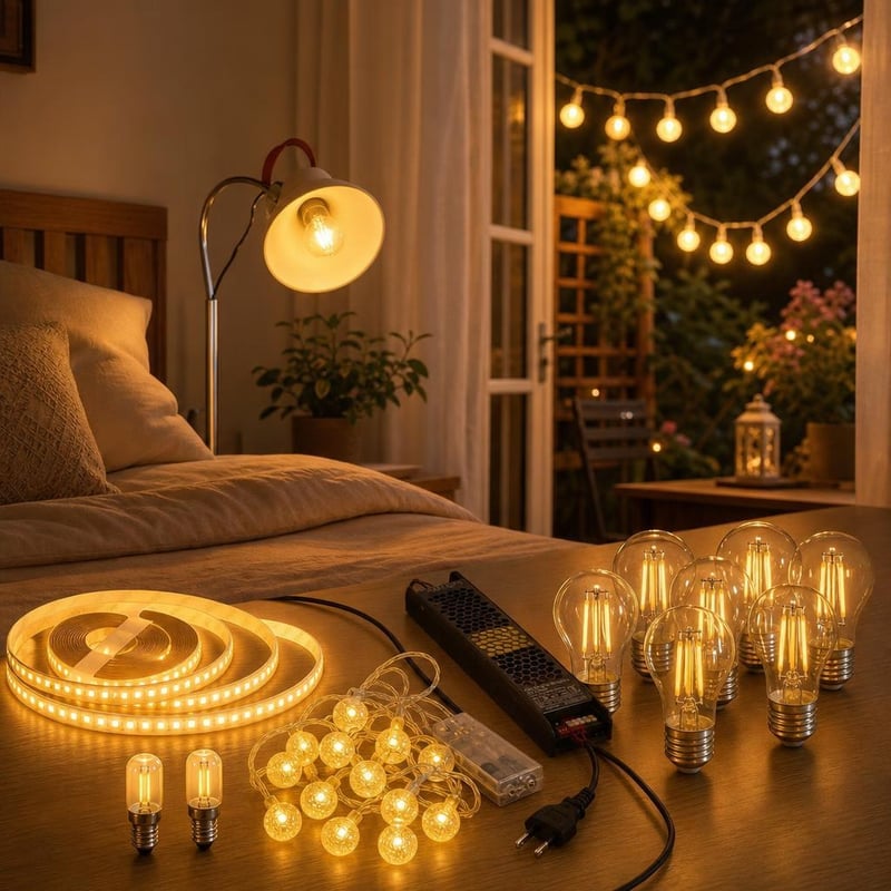 Set za večernu atmosferu: 10m LED traka + 6m svjetlosni niz + 2x E14 + 6x E27 LED žarulje