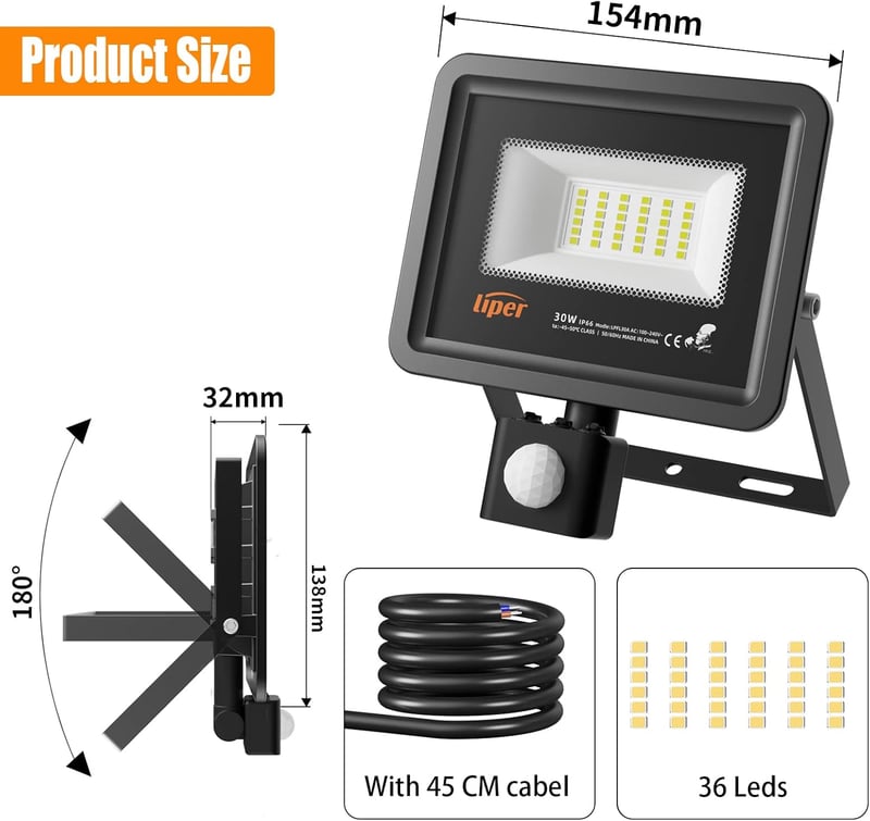LIPER 50W LED reflektor mozgásérzékelővel, kültéri IP66 vízálló, 5000LM, hidegfehér