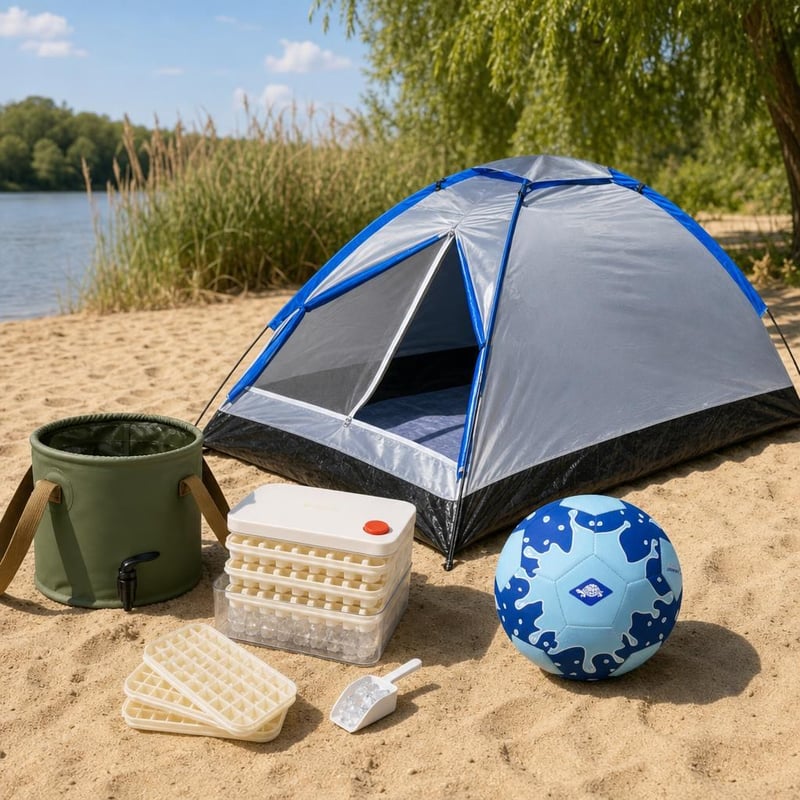 Ljetni paket za plažu: lopta + sklopiva kanta + set za led s lopaticom + UV50 šator
