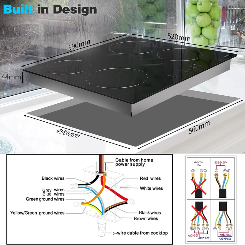 Hobsir hob 60 cm-es Üvegkerámia Főzőlap 4 Zónával, Érintőszenzoros Vezérlés, 6000W, 9 Teljesítményszint, LED Kijelző, Gyerekzár